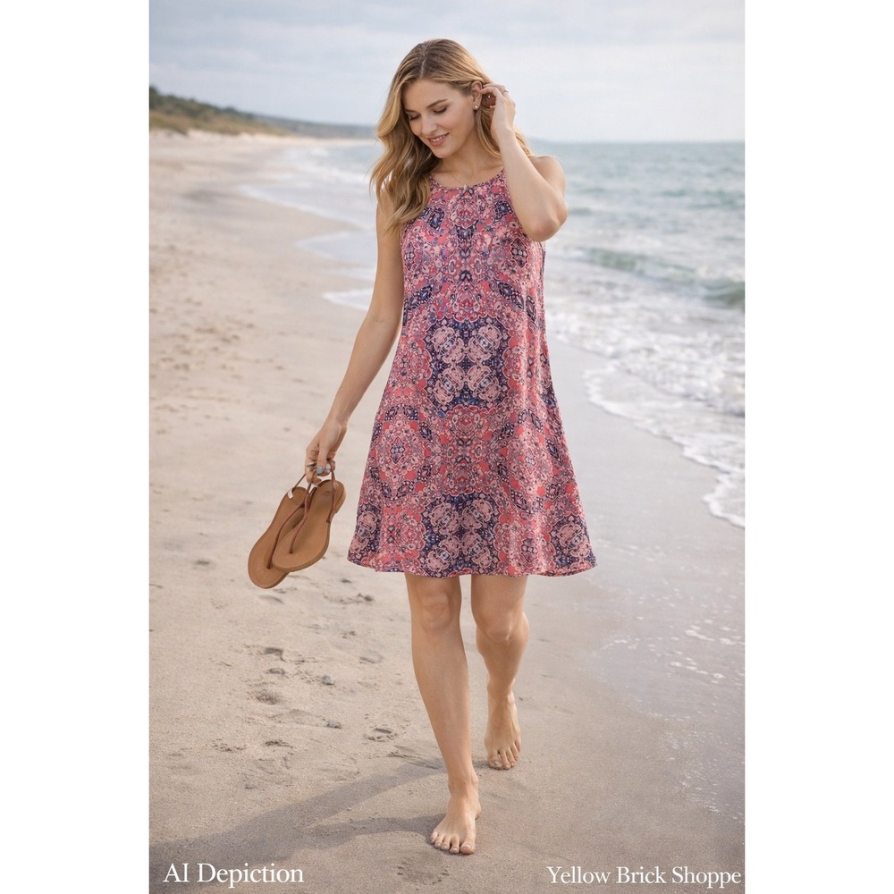 Decree Pink Navy Geometric Floral Halter Neckline Sleeveless Dress Medium‎